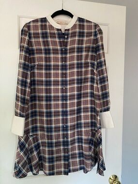 Tory Burch Navy, Burgundy & Ivory Plaid Button-Front Tunic